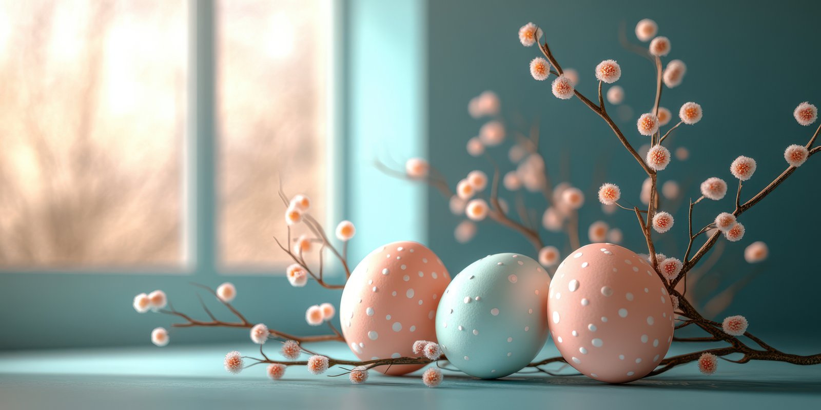 Colorful pastel Easter eggs arranged with spring blossoms by a sunny window in a tranquil setting